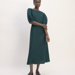 The Linen Short-Sleeve Scoop Midi Dress | Dark Sea