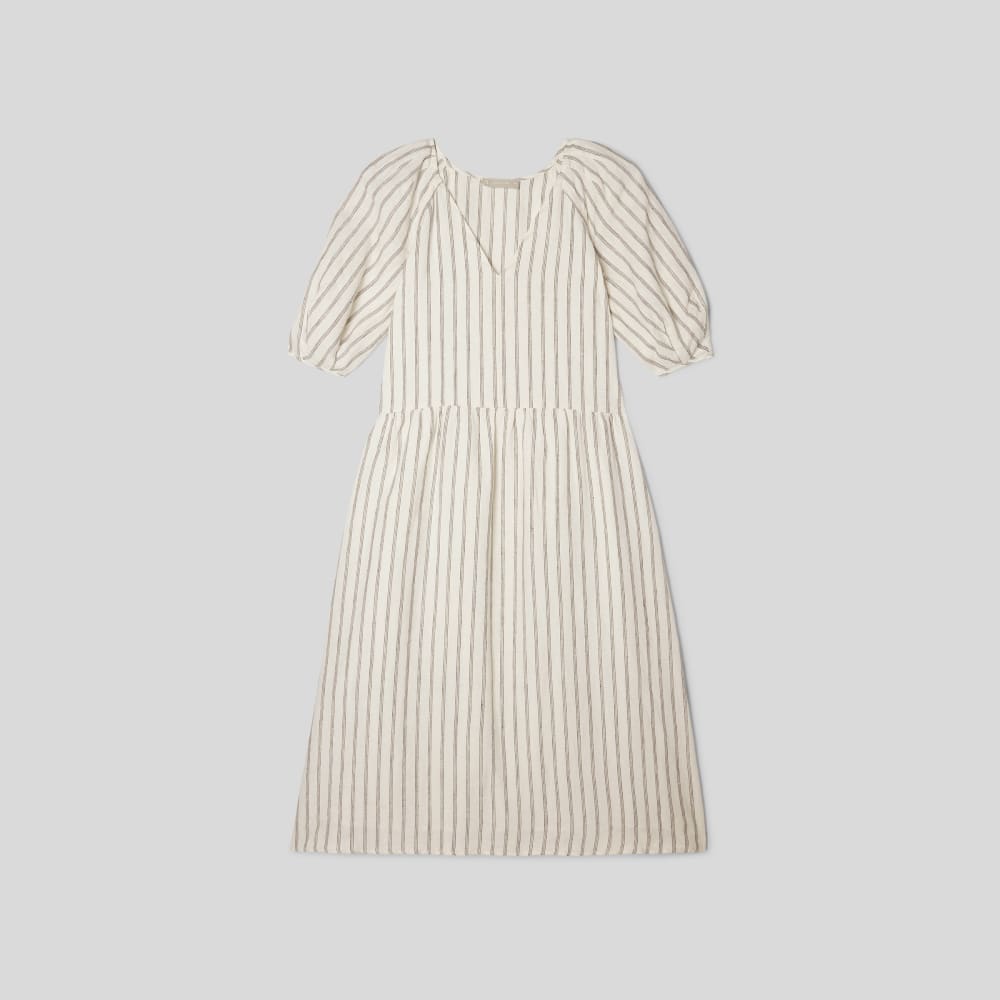 The Linen Oversized Puff-Sleeve Dress | Black / Canvas Tan - Image 2