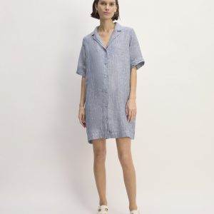 The Shirtdress in Linen | White / Blue