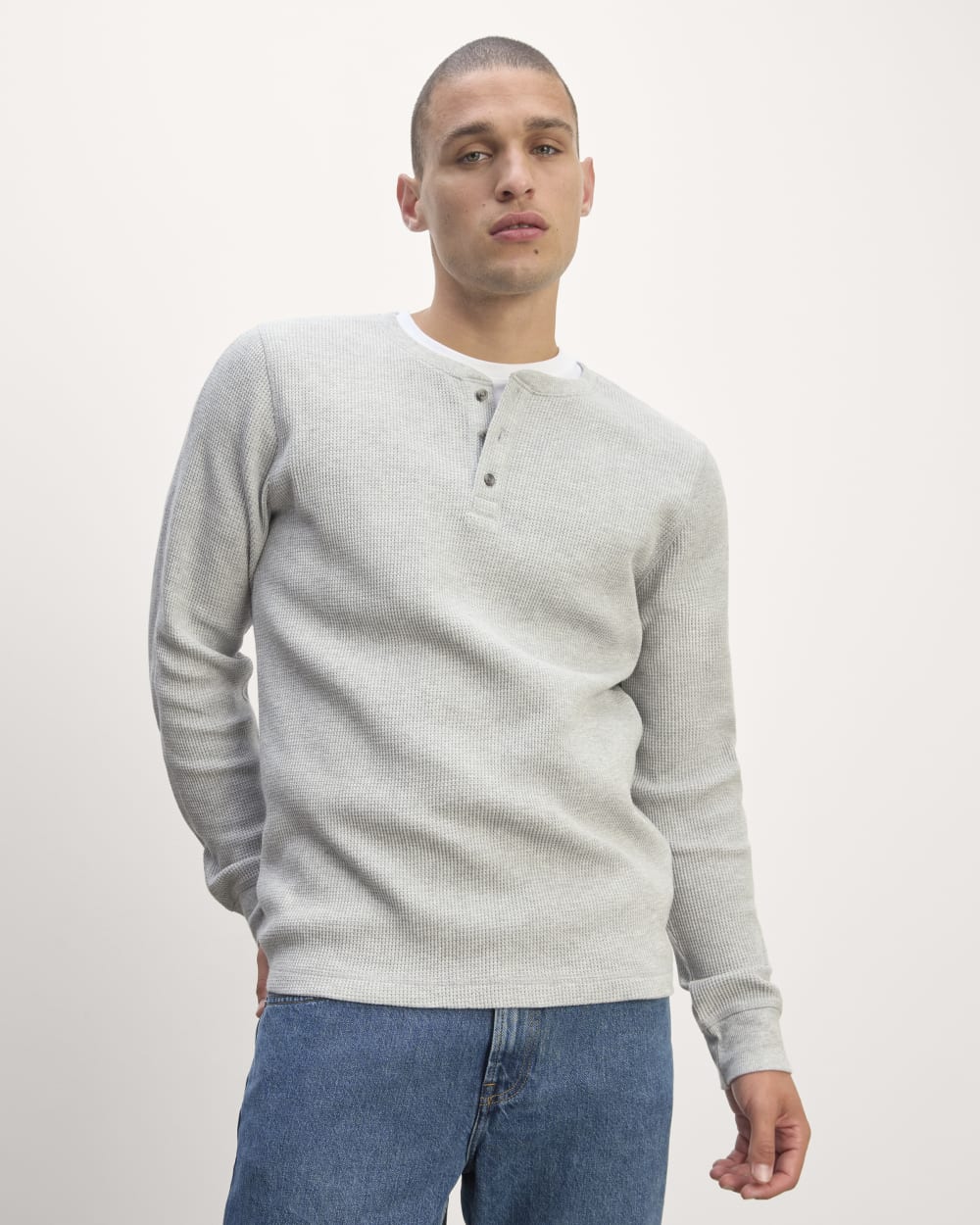 The Waffle Long-Sleeve Henley | Heathered Light Grey