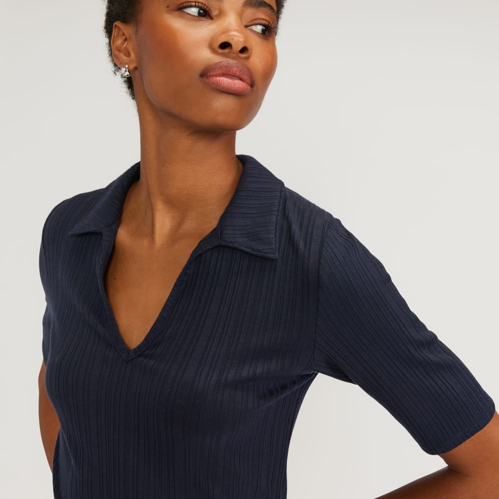 The Rib Soft Knit Open Collar Polo | Navy - Image 4