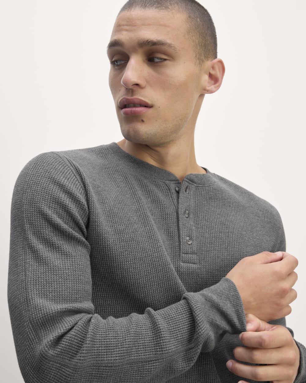 The Waffle Long-Sleeve Henley | Heathered Charcoal - Image 3
