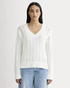 The Mesh Cable V-Neck in Everyday Cotton | White