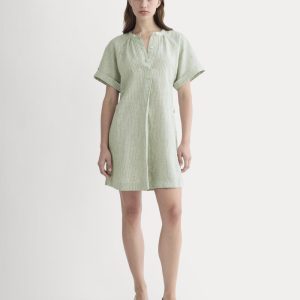 The Popover Dress in Linen | Oil Green / White
