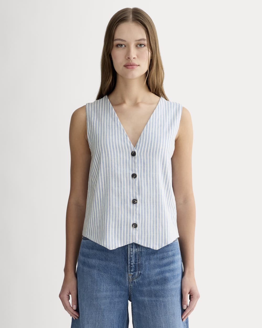 The Vest in Stretch Linen | Bluebell / Bone