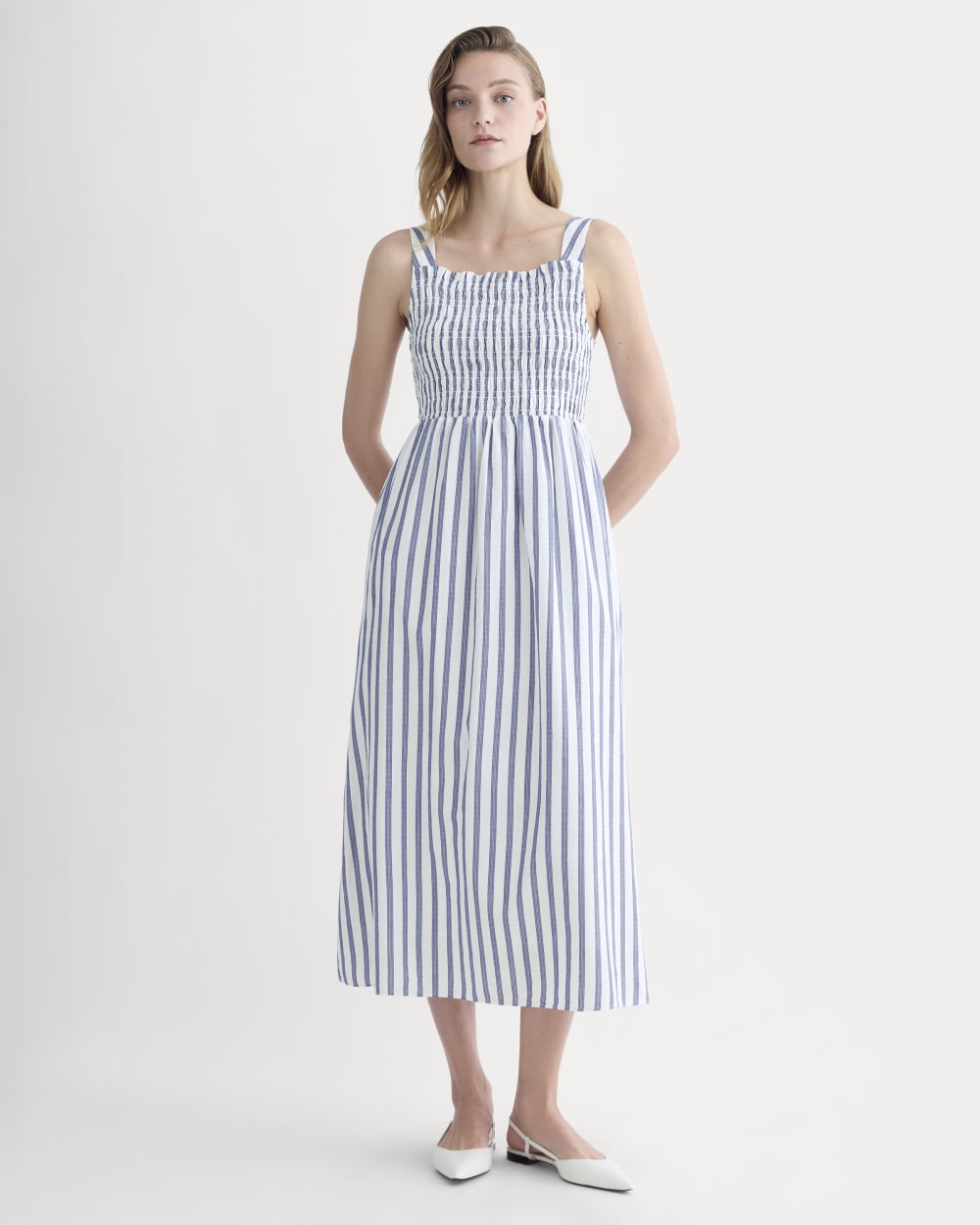 The Gauze Smock Dress | White / Mazarine Blue