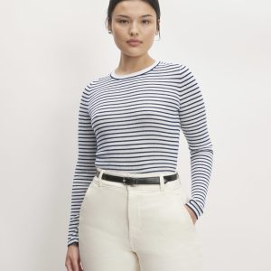 The Long-Sleeve Sweater Tee in Ultrasoft Merino | Bone / Navy