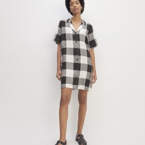 The Shirtdress in Linen | Bone / Black Check
