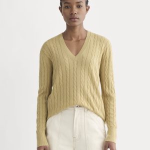 The Cable V-Neck in Cotton Cashmere | Classic Khaki