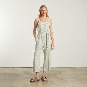 The Linen Jumpsuit | Seafoam Pinstripe