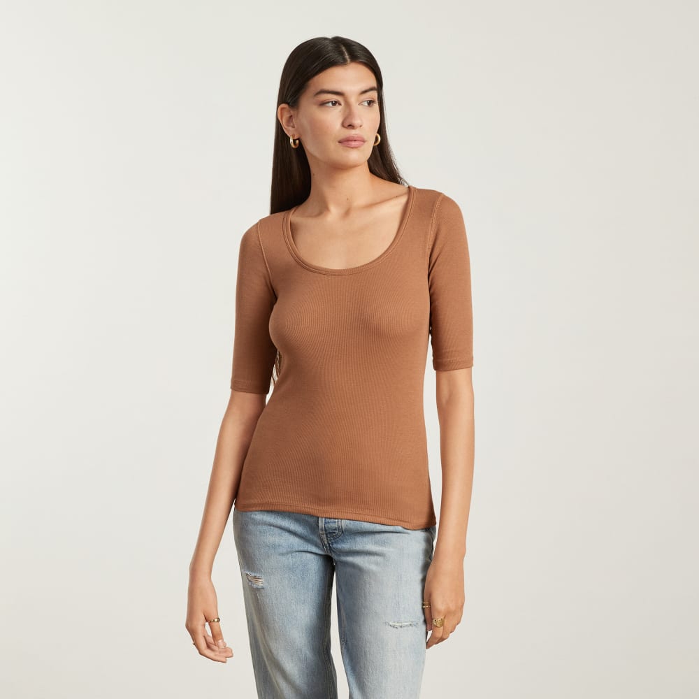 The Luxe Micro-Rib Scoop-Neck Tee | Tawny Brown - Image 2