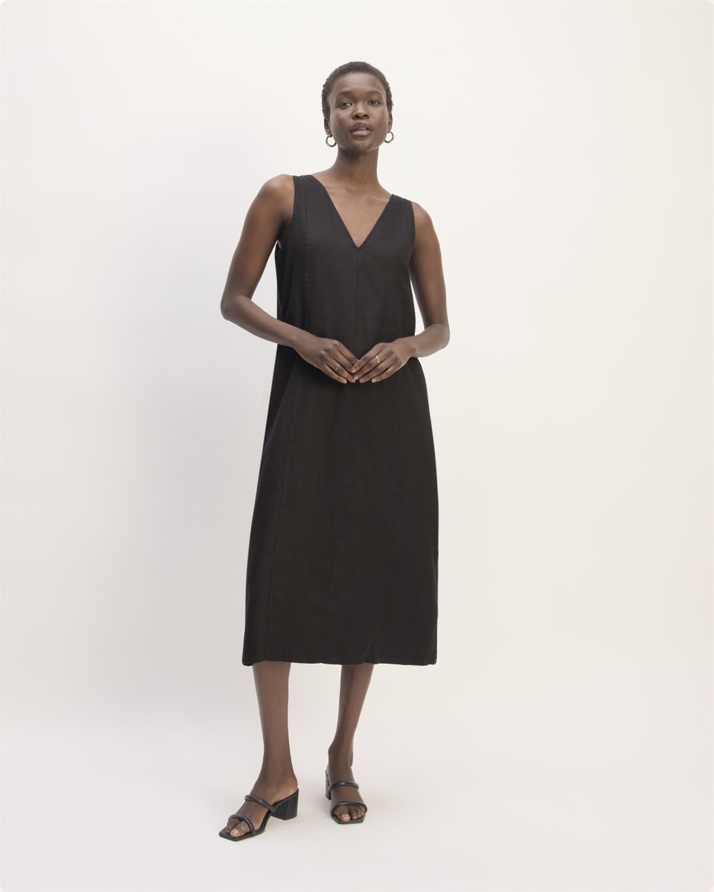 The Linen V-Neck Midi Dress | Black